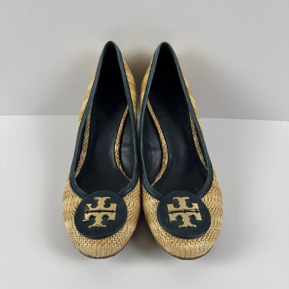 Tory Burch Sally Raffia Wedge Pumps Beige Straw Leather Logo Sz 7